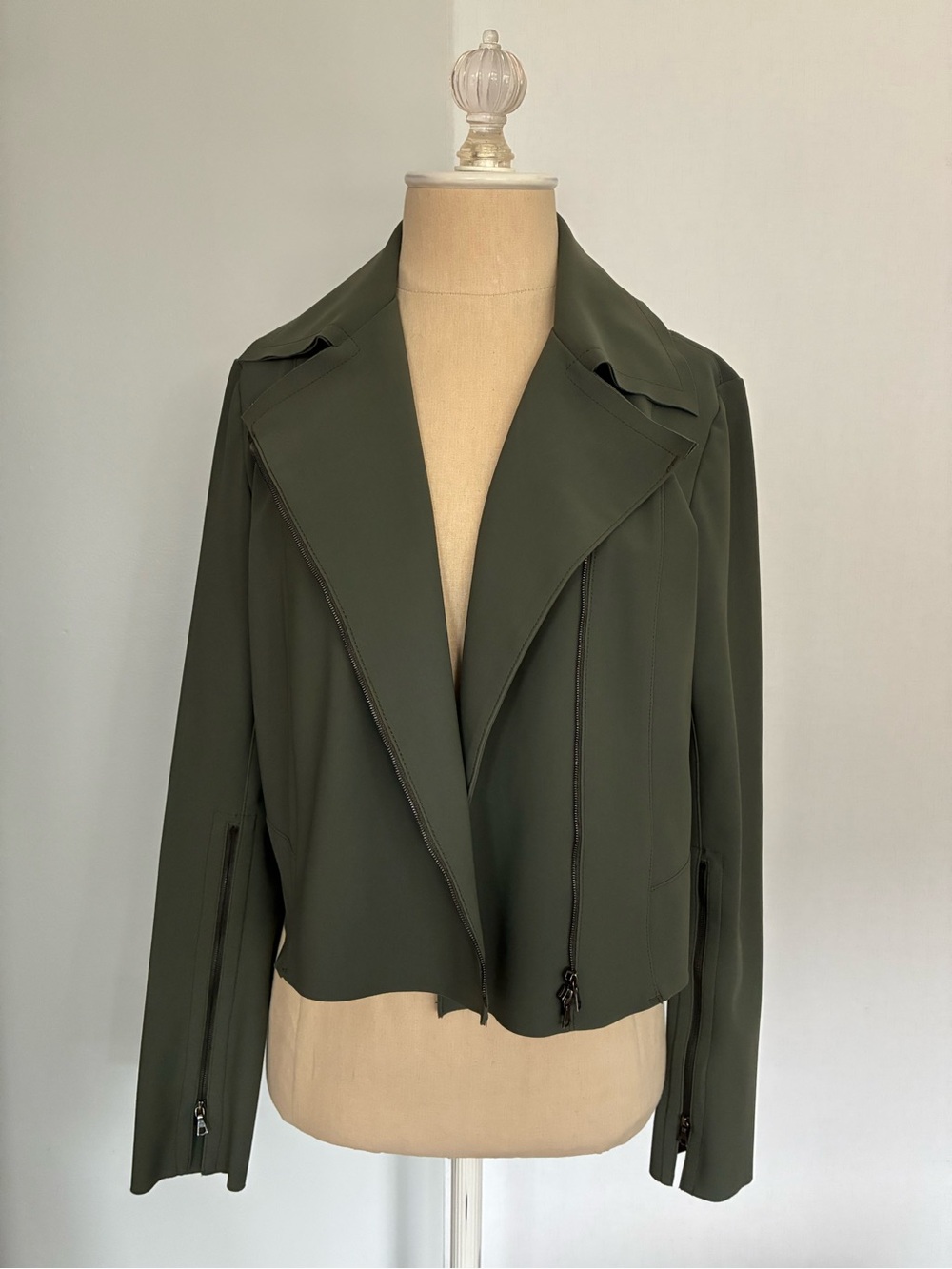 Maria Pinto Olive Green Cropped Zip-Front Moto Jacket
